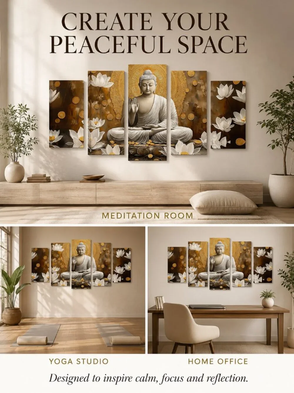 Buddha Gold Lotus Zen Canvas Wall Art Set 5pc 40x22 Framed